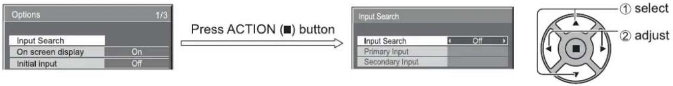 graph LR A["Input Search"] --> B["On screen display"] B --> C["On"] D["Initial input"] --> E["Off"] F["Press ACTION (■) button"] --> G["Input Search"] G --> H["Primary Input"] G --> I["Secondary Input"] J["① select"] --> K["② adjust"]