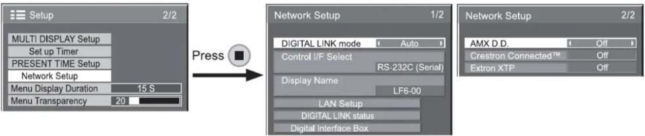 graph LR A["Setup 2/2"] -->|Press| B["Network Setup 1/2"] B --> C["AMX D.D. Off"] B --> D["Crestron Connected™ Off"] B --> E["Extron XTP Off"] A --> F["MULTI DISPLAY Setup"] A --> G["Set up Timer"] A --> H["PRESENT TIME Setup"] A --> I["Network Setup"] A --> J["Menu Display Duration 15 S"] A --> K["…