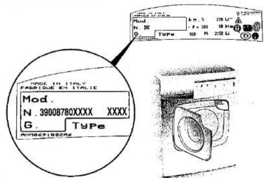 Mod. N. 100 G. Type k m. 5 228 V~ P = 100 58 Hz R 2150 L D MODE IN ITALY FABRIQUE EN ITALIE Mod. N. 39008780XXXX XXXX G. Type AM10621082A6