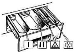 Technical diagram of a mechanical device with labeled components and warning symbols