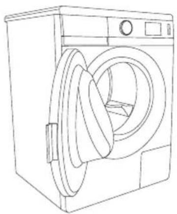 Line drawing of a washing machine with a coiled cord and front panel (no text or symbols).