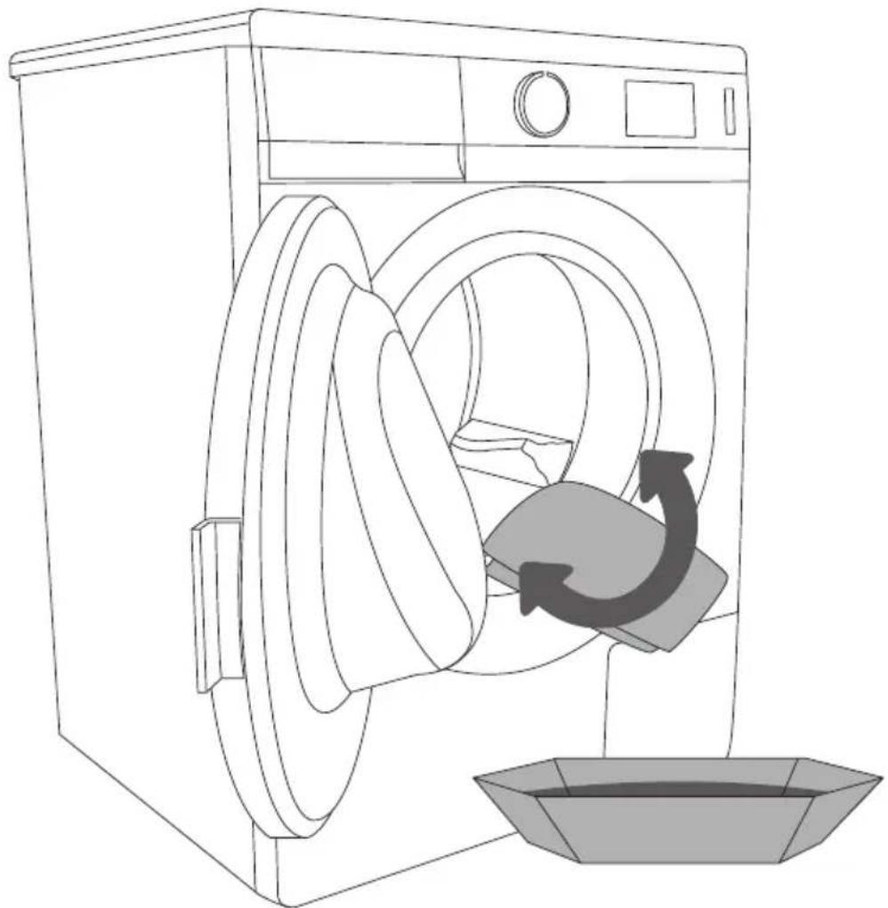 Line drawing of a washing machine with a hand washing it into a basin (no text or symbols).