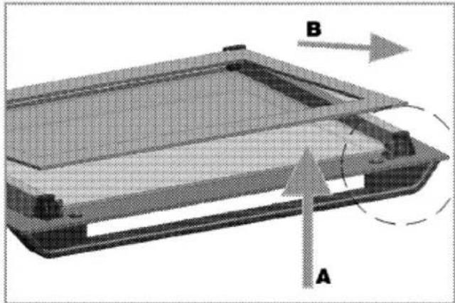 3D diagram of a mechanical component with labeled parts A and B, showing internal structure and motion direction (no text or symbols beyond labels)