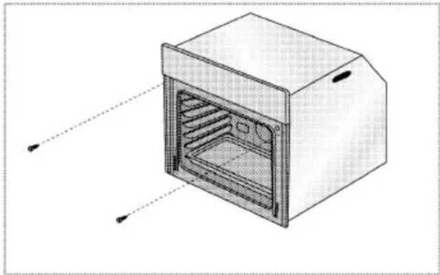 Isometric line drawing of a microwave oven with internal grating and ventilation slots (no text or labels)