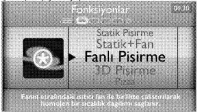 Fonksiyonlar 09:20 Statik Pisirme Statik+Fan Fanlı Pisirme 3D Pisirme Pisirme Fanın çürahındaldı ıstici fan ile birlikte calıstorılarak nomojen bir sıcaklık dağılıme sağlanır.