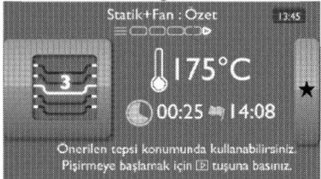 Statik+Fan : Ozet 13:45 175°C 00:25 14:08 Onerilen tepsi konumunda kullanabilirsiniz. Pişirmeye başlamak için ▶ tuşuna basınız.