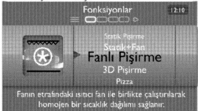 Fonksiyonlar 12:10 Sıcak Pışirme Sıcak+Fan Fanlı Pışirme 3D Pışirme Pizza Fanın etrafındaki ısıncı fan ile birlikte çalıştırılarak homojen bir sıcaklık dağılımı sağlanır.