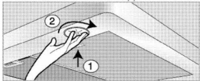 Diagram illustrating hand press application on a folded material, labeled with steps 1 and 2
