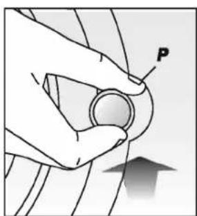 Illustration of a hand holding a circular object with an arrow indicating upward motion (no text or symbols)