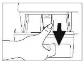 Hand holding a small object with a black downward arrow, no visible text or symbols