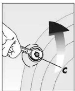 Close-up of a hand holding a small mechanical component with an arrow indicating upward motion (no text or symbols)