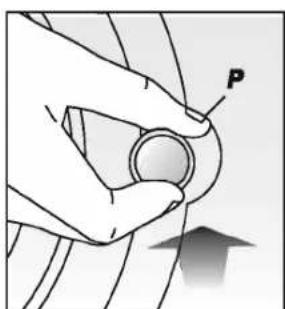 Illustration of a hand holding a circular object with an arrow indicating upward motion (no text or symbols)