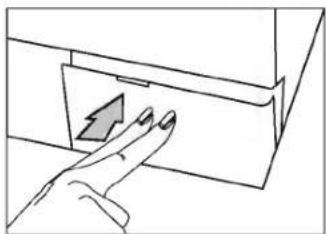 Line drawing of a hand pressing a button on a cabinet (no text or symbols)