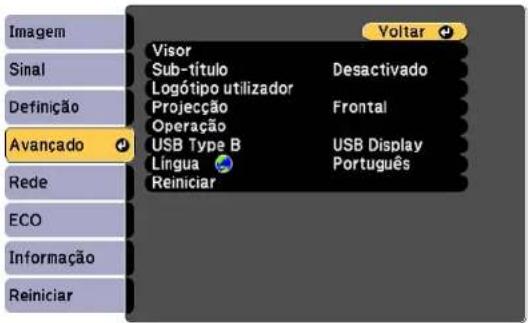 Imagem Sinal Definição Avançado Rede ECO Informação Reiniciar Visor Sub-título Logótipo utilizador Projeção Operação USB Type B Língua Reiniciar Desativado Frontal USB Display Português Voltar