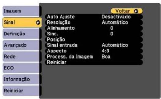 Imagem Sinal Definição Avançado Rede ECO Informação Reiniciar Auto Ajuste Desativado Resolução Automático Alinhamento 0 Sinc. 0 Posição Sinal entrada Automático Aspecto 4:3 Process. da Imagem Boa Reiniciar