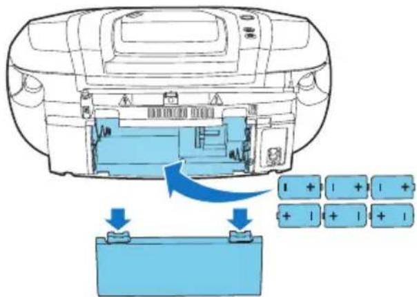 Diagram showing battery internal structure with battery cells and battery casing, annotated with blue arrows indicating assembly or component movement.