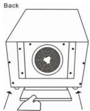 Diagram of a mechanical device with a fan and base, showing directional arrows (no text or symbols)