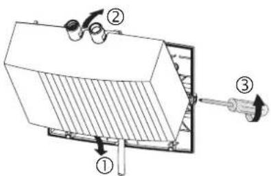 Technical diagram of a mechanical device with numbered components and directional arrows indicating motion or assembly.