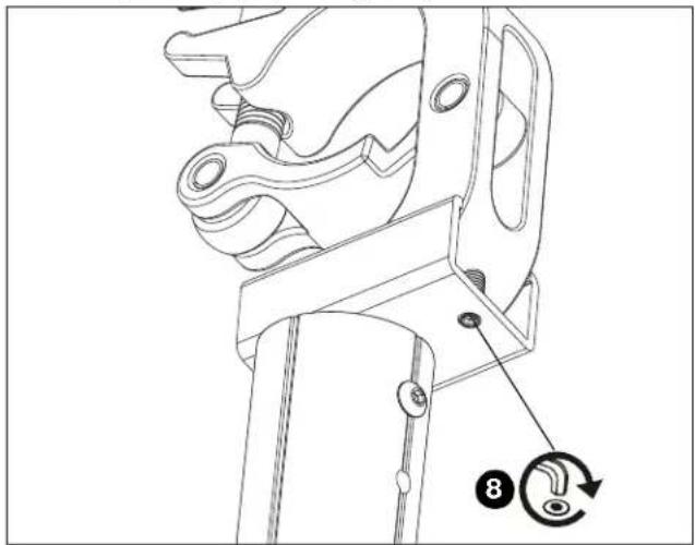 Technical diagram of a mechanical clamp or bracket with numbered annotation indicating rotation direction