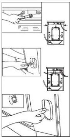 Technical diagram showing hand operating a switch mechanism with labeled components and directional arrows
