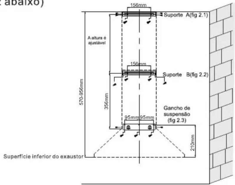 abaixo) 156mm Suporte A(fig 2.1) A altura é ajustável 156mm Suporte B(fig 2.2) 356mm 95mm 95mm Gancho de suspensão (fig 2.3) 210mm Superfície inferior do exaustor 570-956mm