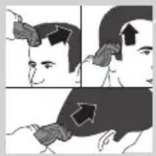 Illustration of a person receiving neck massage or head tilt, showing four sequential steps with arrows indicating direction (no text or symbols)