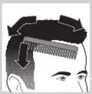 Illustration of a person's head with a comb and eye (no text or symbols)