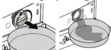 Two-step diagram showing a washing machine with a rotary knob and a side view of the interior (no text or symbols)