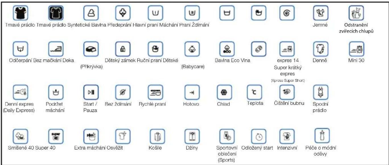 Tmavé prádlo, Tmavé prádlo, Syntetické, Bavlna, Předeprání, Hlavní praní, Máchání, Praní, Ždímání, Odčerpání, Bez mačkání, Deka (Přikrývka), Dětský zámek, Ruční praní, Dětské (Babycare), Bavlna Eco, Vina expres 14, Super krátký expres (Xpress Super Short), Denné, Mini 30, Denní expres (Daily Express…