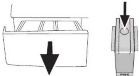 Technical diagram showing a mechanical component with a downward arrow and a close-up view of its internal structure (no text or symbols).