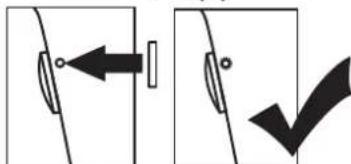 Diagram showing two states of optical or mechanical alignment: left panel with arrow pointing to a component, right panel with checkmark indicating alignment.