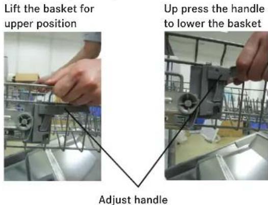 Lift the basket for upper position. Up press the handle to lower the basket. Adjust handle.