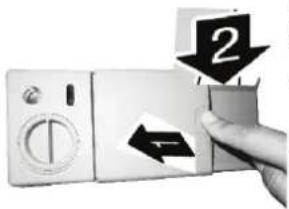 Diagram showing a hand pressing down on a device with numbered arrows indicating action or change.