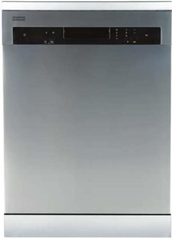 Front view of a stainless steel kitchen appliance with control panel and door (no visible text or symbols).