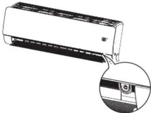 Technical illustration of a wall-mounted air conditioner unit with a magnified inset showing the internal structure (no text or symbols)
