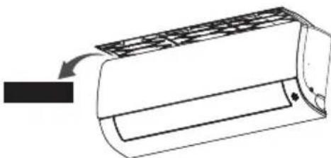 Line drawing of a car air conditioner unit with airflow arrow indicating direction (no text or symbols)