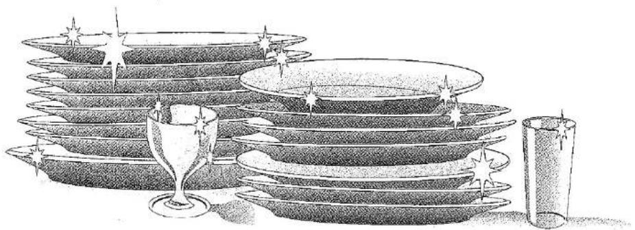 Illustration of a set of plates with star decorations and a trophy, next to a glass (no text or symbols)