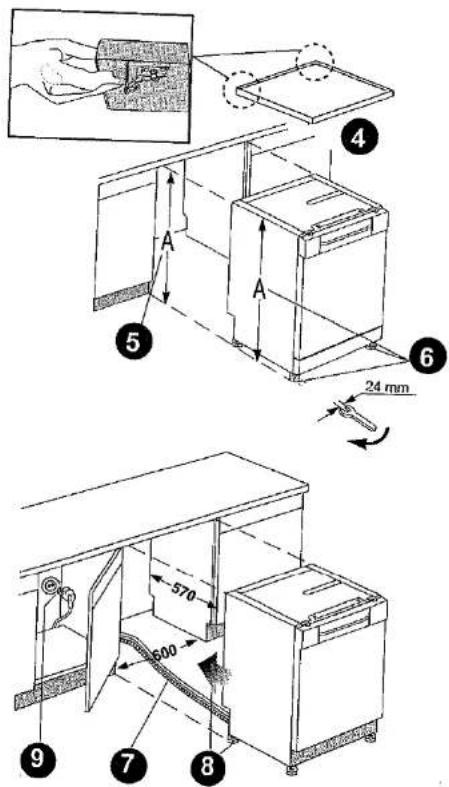 Technical diagram showing a kitchen appliance assembly with labeled parts and dimensions, including hand positioning and measurement annotations.