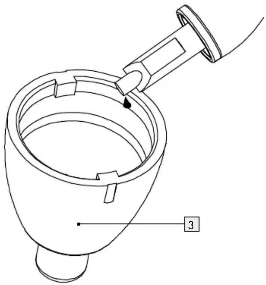Technical diagram of a mechanical component with labeled parts, showing a tool interacting with a cylindrical housing.