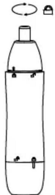 Simple line drawing of a cylindrical container with a side port and a hanging lock, no text or symbols present.