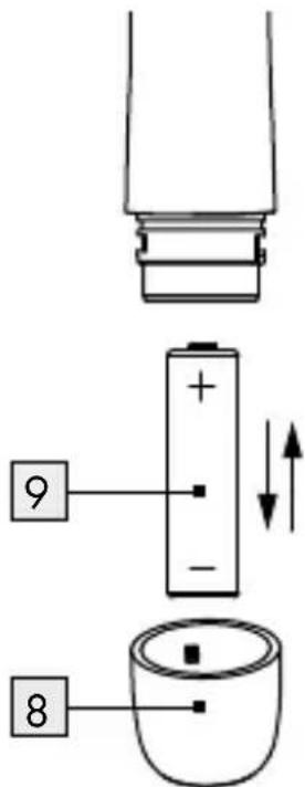 Diagram showing battery component assembly with labeled parts and directional arrows indicating movement or change.