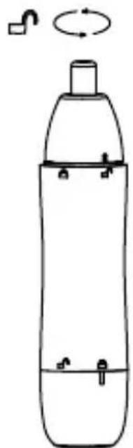 Simple line drawing of a cylindrical container with a side outlet and a small loop symbol above it (no text or labels)