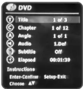 DVD Title 1 of 3 Chapter 1 of 12 Angle 1 of 1 Audio 1.Def Subtitle Off Elapsed 00:01:39 Instructions Enter-Confirm Setup-Exit Choose AV