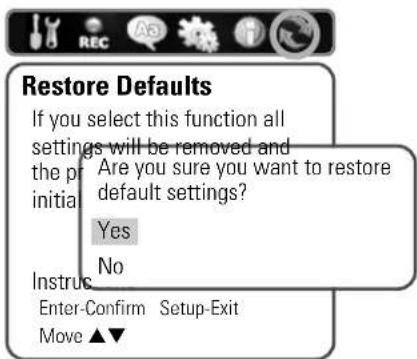 Restore Defaults If you select this function all settings will be removed and the pr initial Are you sure you want to restore default settings? Yes No Instruc Enter-Confirm Setup-Exit Move ▲▼