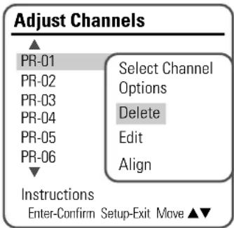 Adjust Channels ▲ PR-01 PR-02 PR-03 PR-04 PR-05 PR-06 ▼ Select Channel Options Delete Edit Align Instructions Enter-Confirm Setup-Exit Move ▲▼