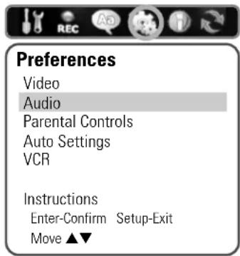 Preferences Video Audio Parental Controls Auto Settings VCR Instructions Enter-Confirm Setup-Exit Move ▲▼