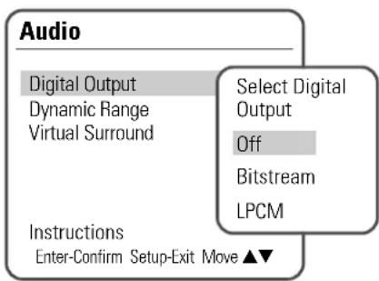 Audio Digital Output Dynamic Range Virtual Surround Instructions Enter-Confirm Setup-Exit Move ▲▼ Select Digital Output Off Bitstream LPCM