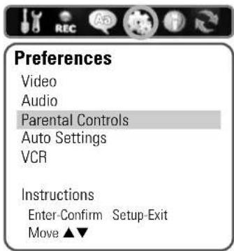 Preferences Video Audio Parental Controls Auto Settings VCR Instructions Enter-Confirm Setup-Exit Move ▲▼