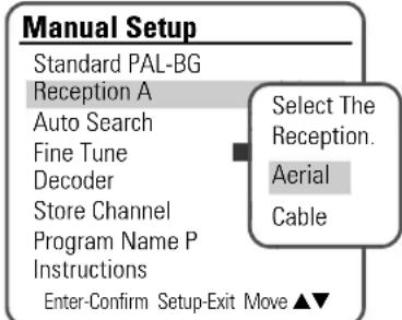 Manual Setup Standard PAL-BG Reception A Auto Search Fine Tune Decoder Store Channel Program Name P Instructions Enter-Confirm Setup-Exit Move ▲▼ Select The Reception. Aerial Cable
