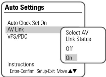Auto Settings Auto Clock Set On AV Link VPS/PDC Select AV Link Status Off On Instructions Enter-Confirm Setup-Exit Move ▲▼